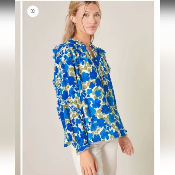 SUGARLIPS ruffle balloon sleeve blouse in blue/green/cream, sz M - Picture 2 of 8